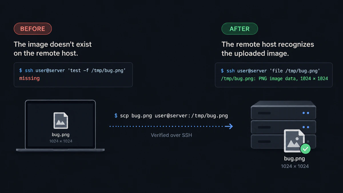 Diagram: the image is missing on the remote host before scp and readable afterward.